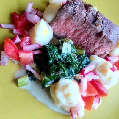 Beef tenderloin, mashed potatoes and vegetables